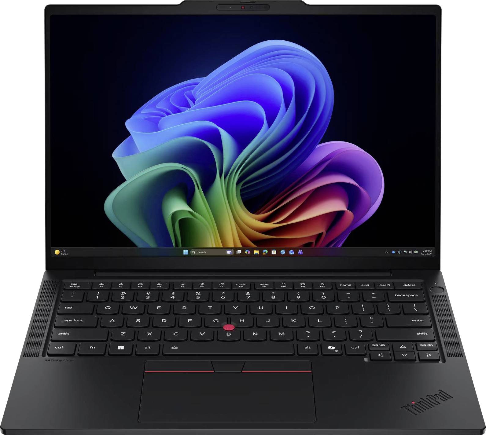 Ordinateur portable de style ThinkPad noir ouvert sur le bureau Windows avec un fond d'écran abstrait coloré, clavier et pavé tactile centré visibles.