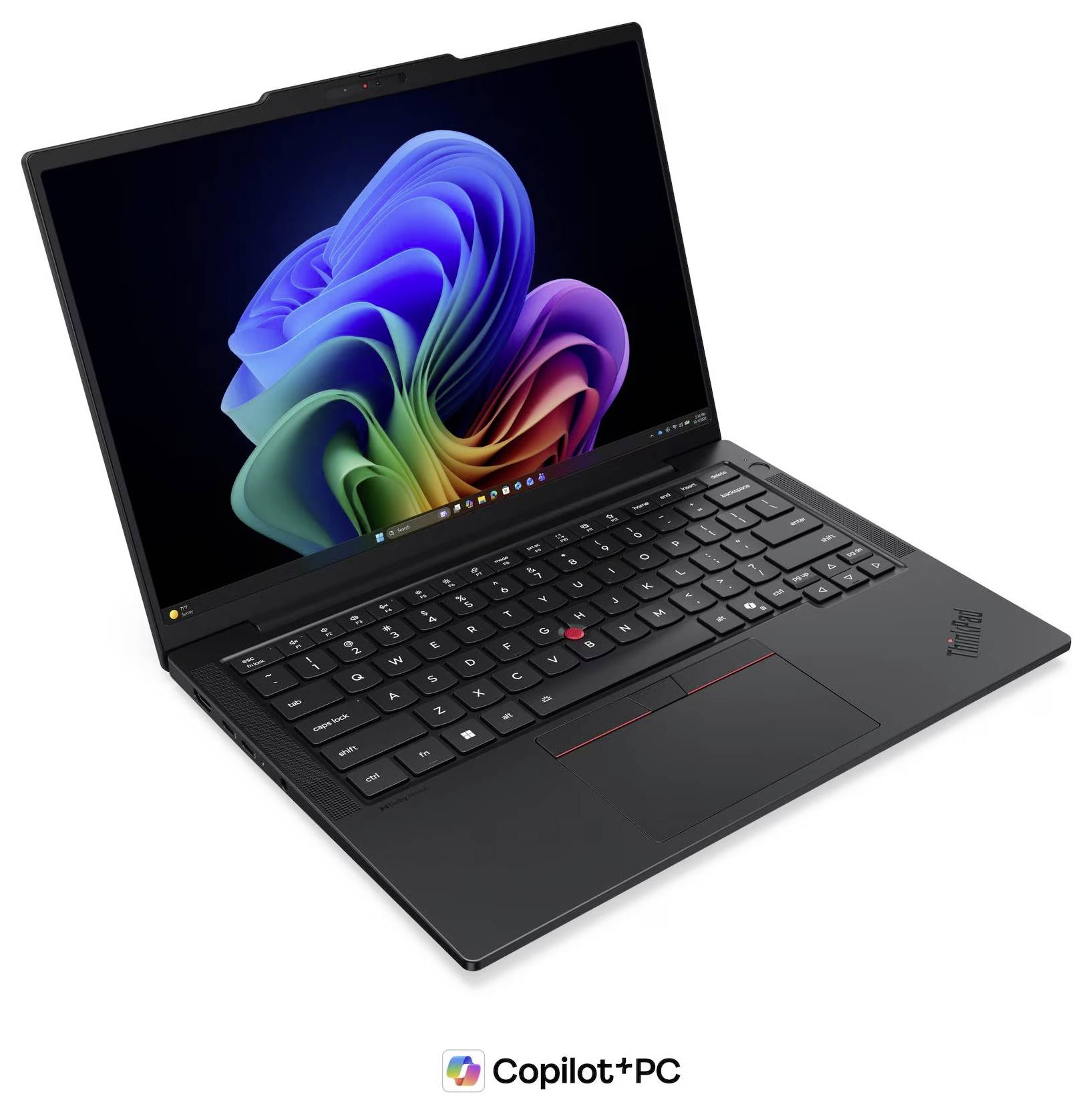 Ordinateur portable Lenovo ThinkPad noir ouvert à un angle, affichant un papier peint coloré de Windows 11 et une marque « Copilot+PC » en dessous.