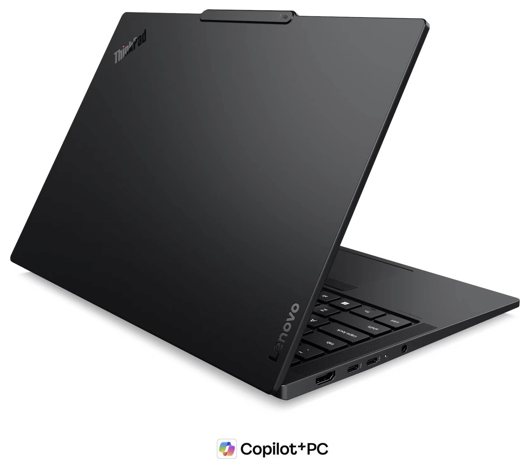 Ordinateur portable Lenovo ThinkPad noir présenté partiellement ouvert, avec le logo « Copilot+PC » en dessous sur un fond blanc.