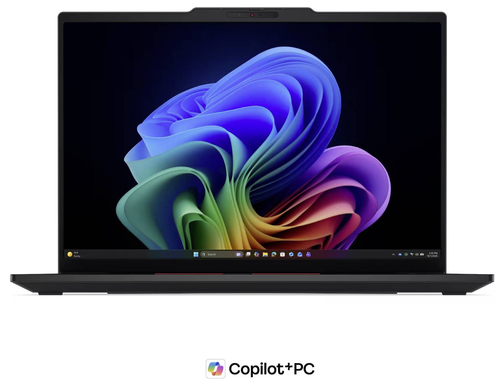Un ordinateur portable affichant le fond d'écran abstrait de Windows 11, avec le logo Copilot+ PC en dessous.