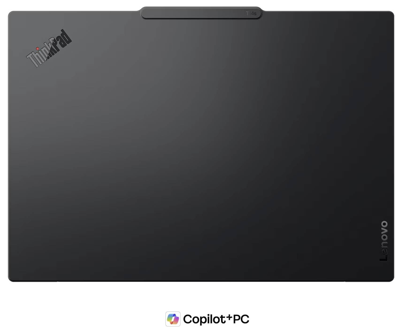 Couvercle de portable Lenovo ThinkPad noir avec logo dans le coin et marquage Copilot+ PC en dessous.