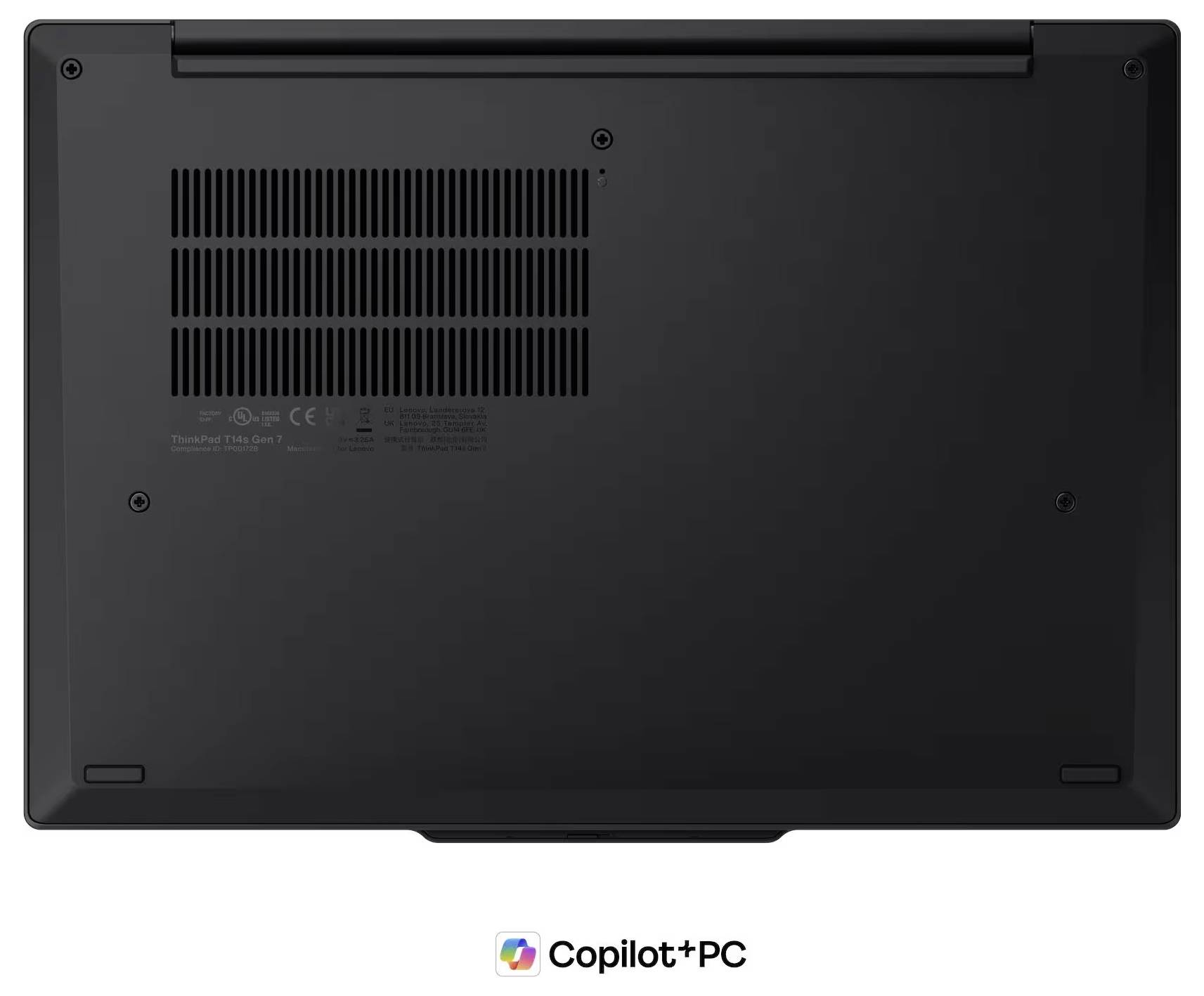 Vue inférieure d'un ordinateur portable noir avec des grilles de ventilation, des vis et une charnière arrière centrée.