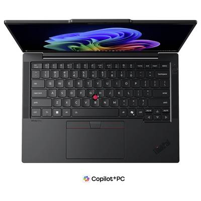 Vue de dessus d'un ordinateur portable Copilot+ PC noir avec un écran coloré, un clavier, un pavé tactile et un petit joystick TrackPoint rouge.