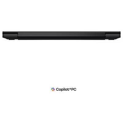 Ordinateur portable noir vu de côté, présenté centré au-dessus du logo Copilot+ PC sur un fond blanc.