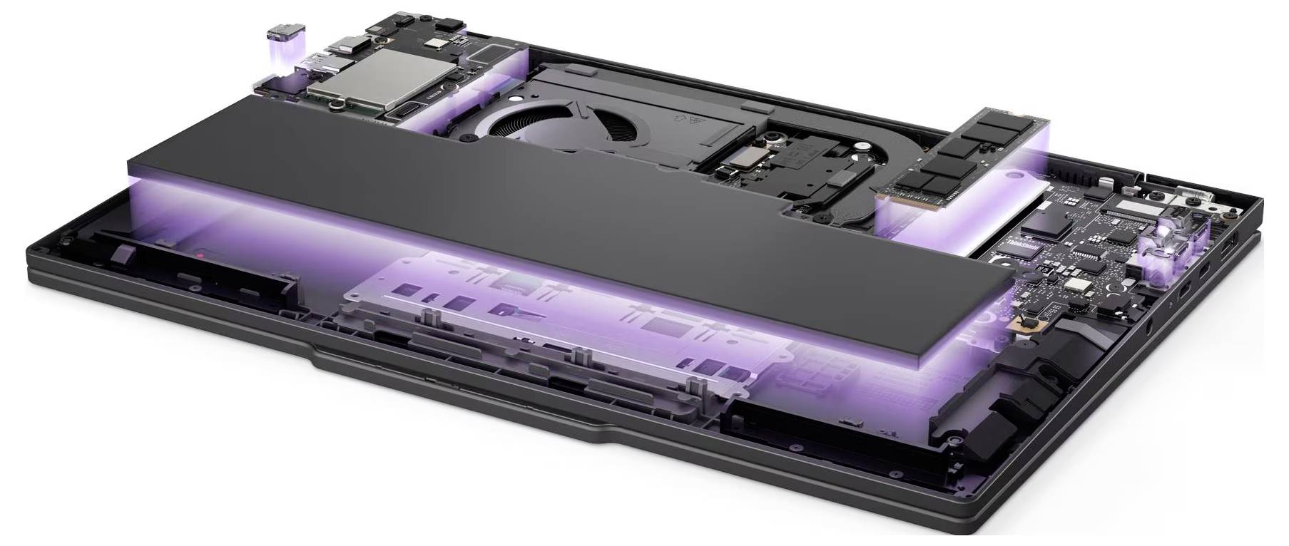 Vue en coupe d'un bloc batterie d'ordinateur portable, montrant les cellules internes et les composants avec des surbrillances violettes, illustrant la disposition interne de l'appareil.