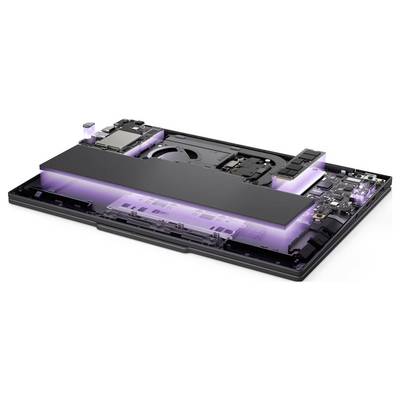 Vue en coupe d'un bloc batterie d'ordinateur portable, montrant les cellules internes et les composants avec des surbrillances violettes, illustrant la disposition interne de l'appareil.