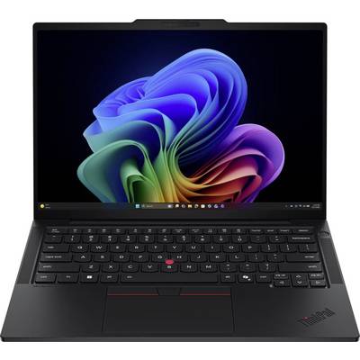 Un ordinateur portable Lenovo ThinkPad ouvert sur un bureau Windows sombre avec un papier peint abstrait coloré en forme de tourbillon, montré en vue de face avec le clavier et le pavé tactile visibles.
