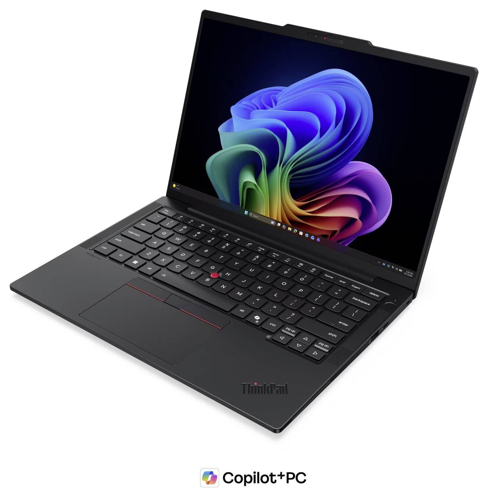 Ordinateur portable Lenovo ThinkPad noir avec Windows 11 affiché à l'écran et le logo « Copilot+ PC » en dessous.
