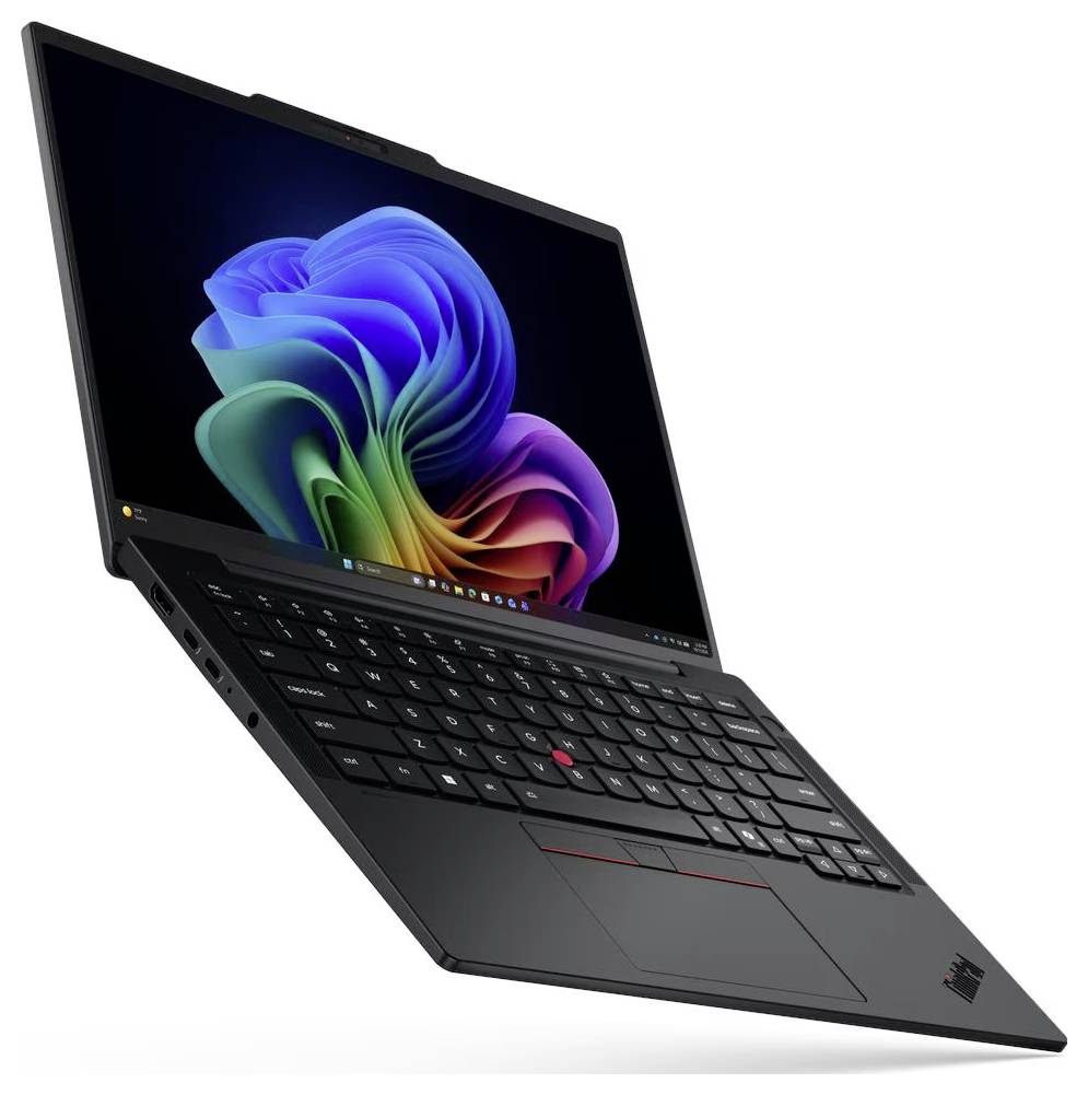 Ordinateur portable Lenovo noir présenté ouvert selon un angle, affichant un fond d'écran abstrait coloré de style Windows sur l'écran.