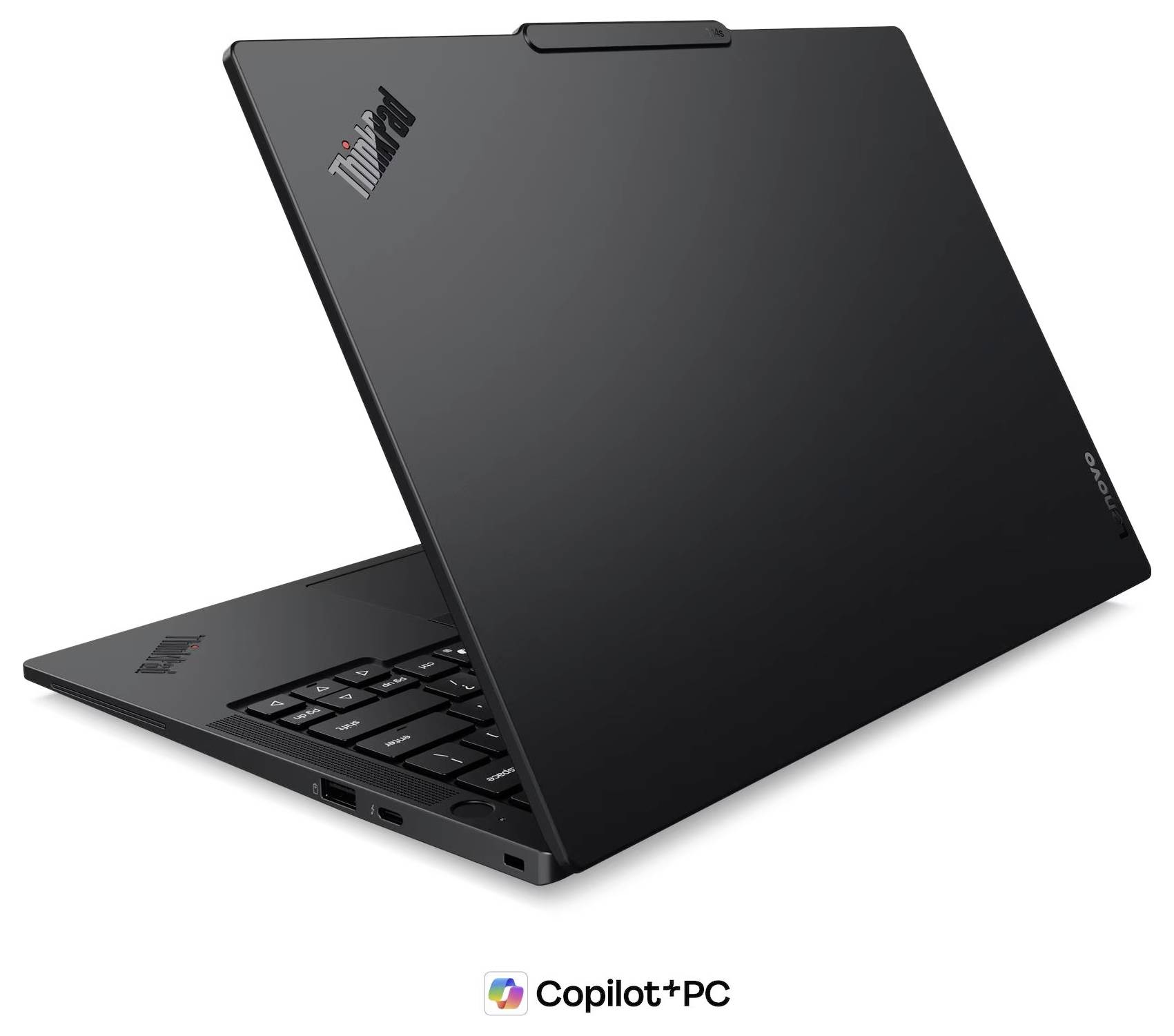 Ordinateur portable Lenovo ThinkPad noir partiellement ouvert en vue latérale, montrant le clavier et les ports, avec la marque « Copilot+ PC » en dessous.