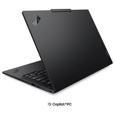 Ordinateur portable Lenovo ThinkPad noir partiellement ouvert en vue latérale, montrant le clavier et les ports, avec la marque « Copilot+ PC » en dessous.
