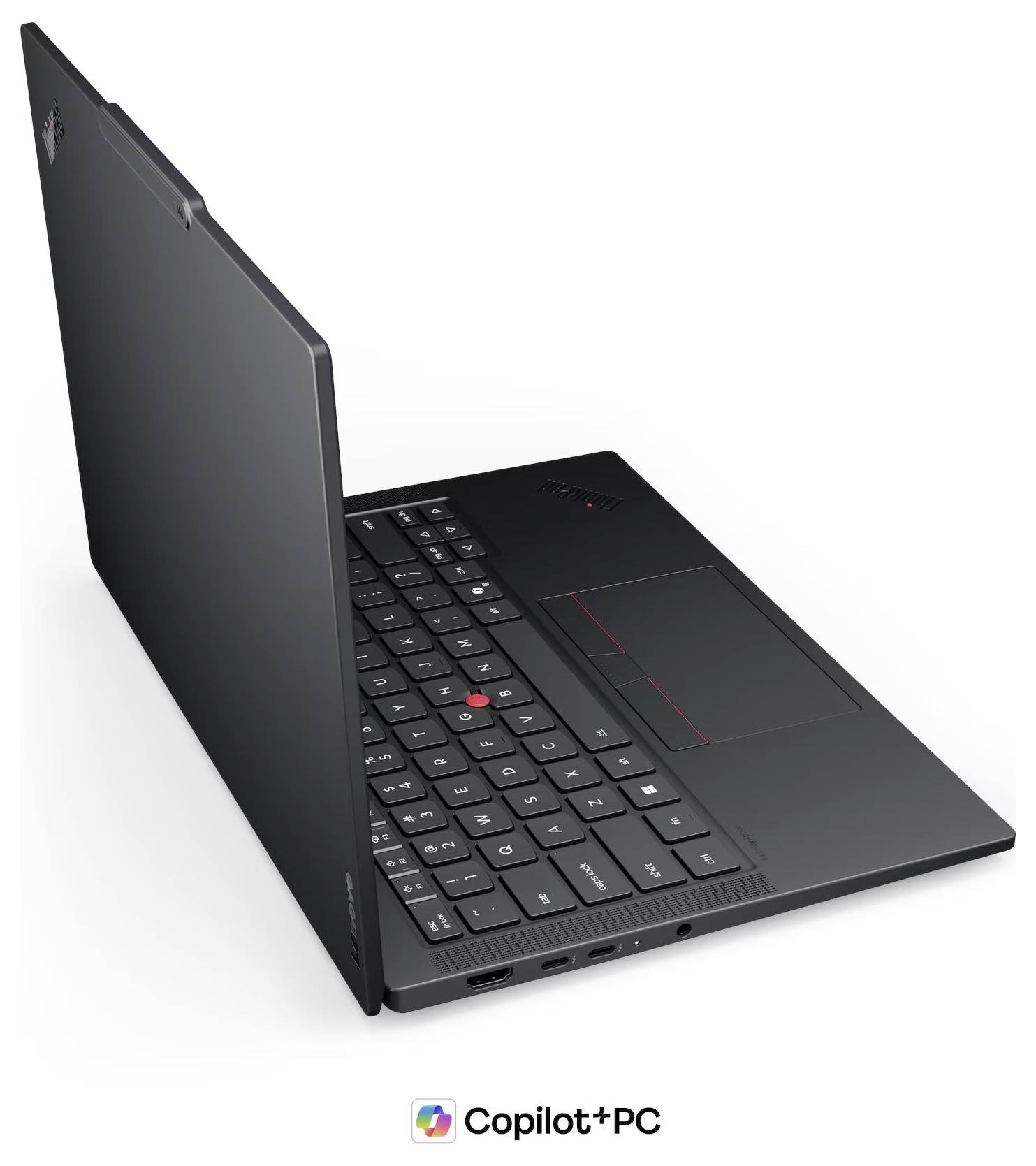 Ordinateur portable Lenovo ThinkPad noir présenté ouvert selon un angle, avec le clavier et le pavé tactile visibles, étiqueté « Copilot+ PC ».