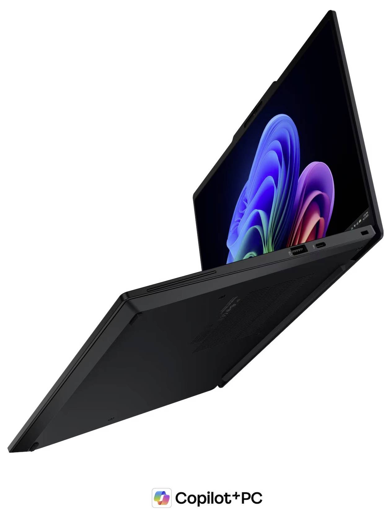 Ordinateur portable noir pliable présenté ouvert en mode de type tente, affichant un écran coloré de style Windows, avec la marque « Copilot+ PC » visible en dessous.