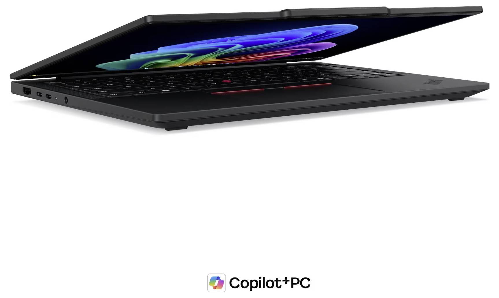 Ordinateur portable ouvert avec écran abstrait coloré, étiqueté Copilot+ PC, sur un fond blanc.