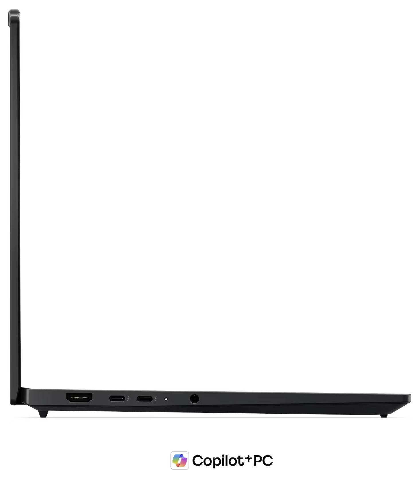 Vue de côté d'un mince ordinateur portable noir, ouvert à angle droit, avec le logo « Copilot+PC » en dessous.