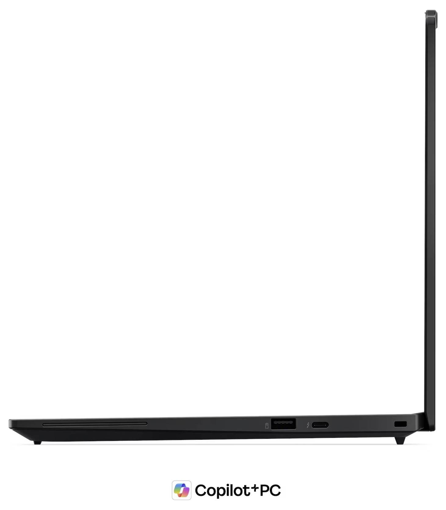 Vue latérale d'un mince ordinateur portable noir avec l'écran ouvert en position verticale, étiqueté « Copilot+ PC » en dessous.