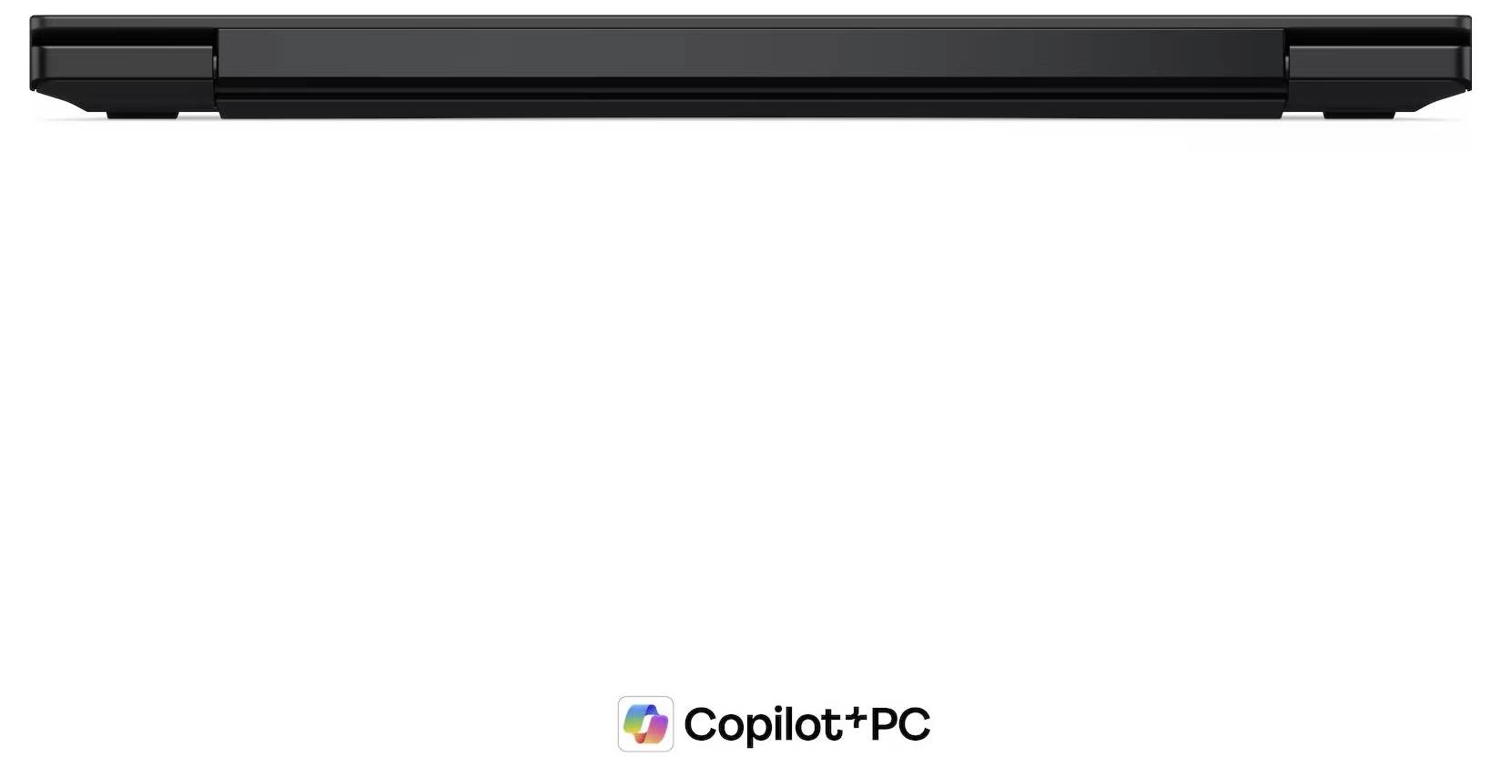Vue latérale d'un élégant ordinateur portable noir fermé présenté sur un fond blanc, avec le logo « Copilot+ PC » centré en dessous.