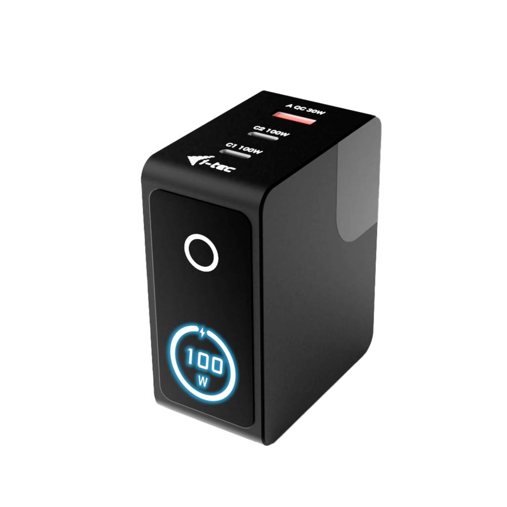 Cube chargeur USB-C noir affichant un port USB-C avant marqué 100W et étiquettes supérieures pour A C 30W, C2 70W et C1 100W.