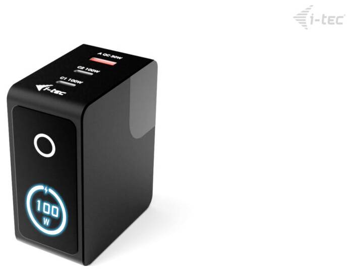 Socle de chargeur noir i-tec avec écran rétroéclairé 100W et bouton d'alimentation, présenté sur fond blanc