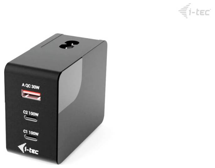 Adaptateur secteur noir i-tec avec trois ports frontaux étiquetés A QC 30W, C2 100W et C1 100W, présenté sur un fond blanc.