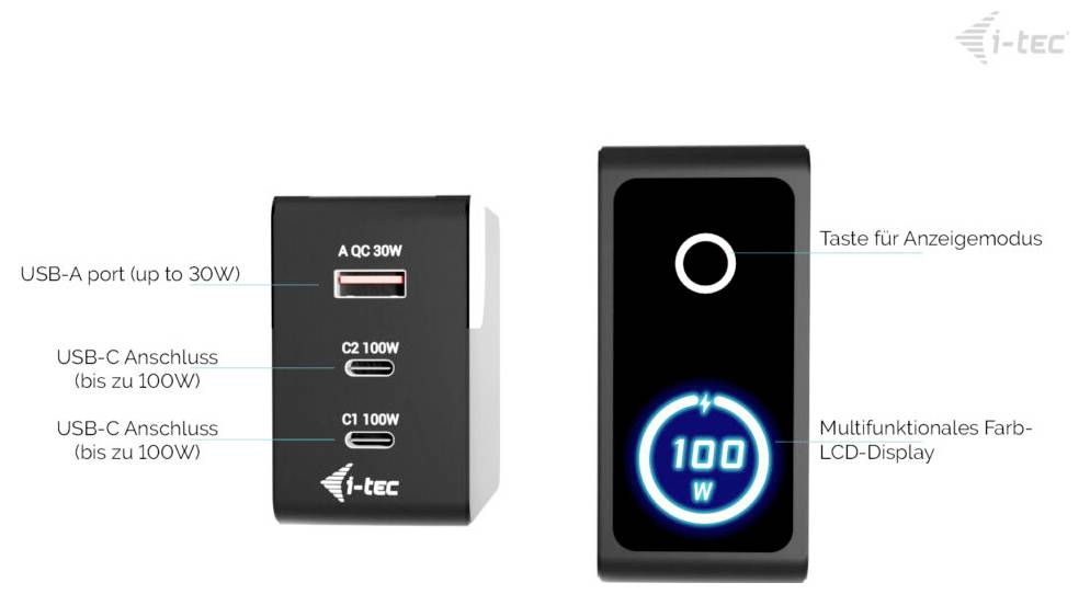 i-tec 100W Intelligent Multiport USB Charger Chargeur USB 100 W USB-C®, USB-B femelle USB PD 3.1 noir USB Power Delivery-3