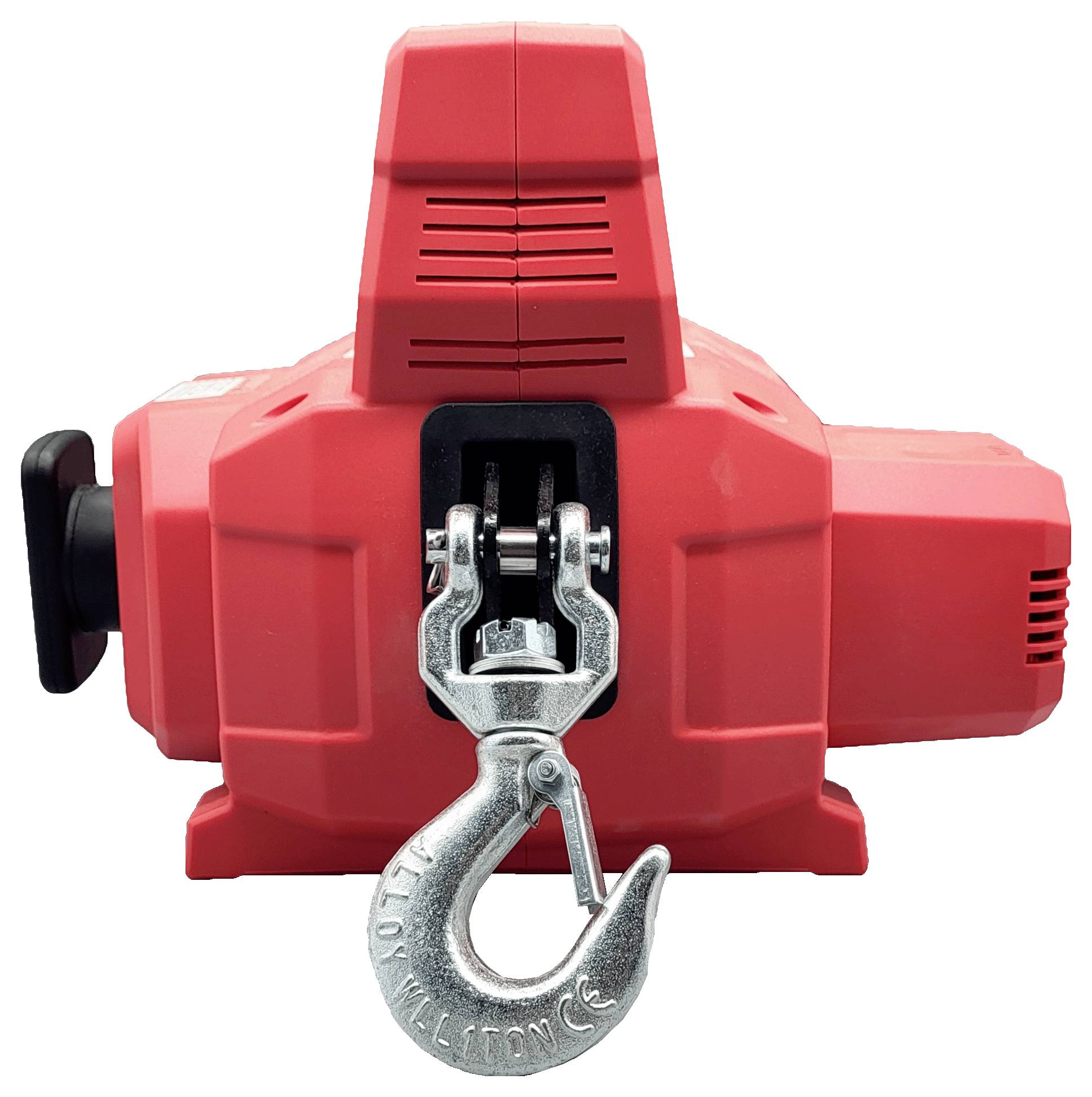 Treuil ou palan électrique rouge avec un crochet métallique attaché, montré sur un fond blanc.