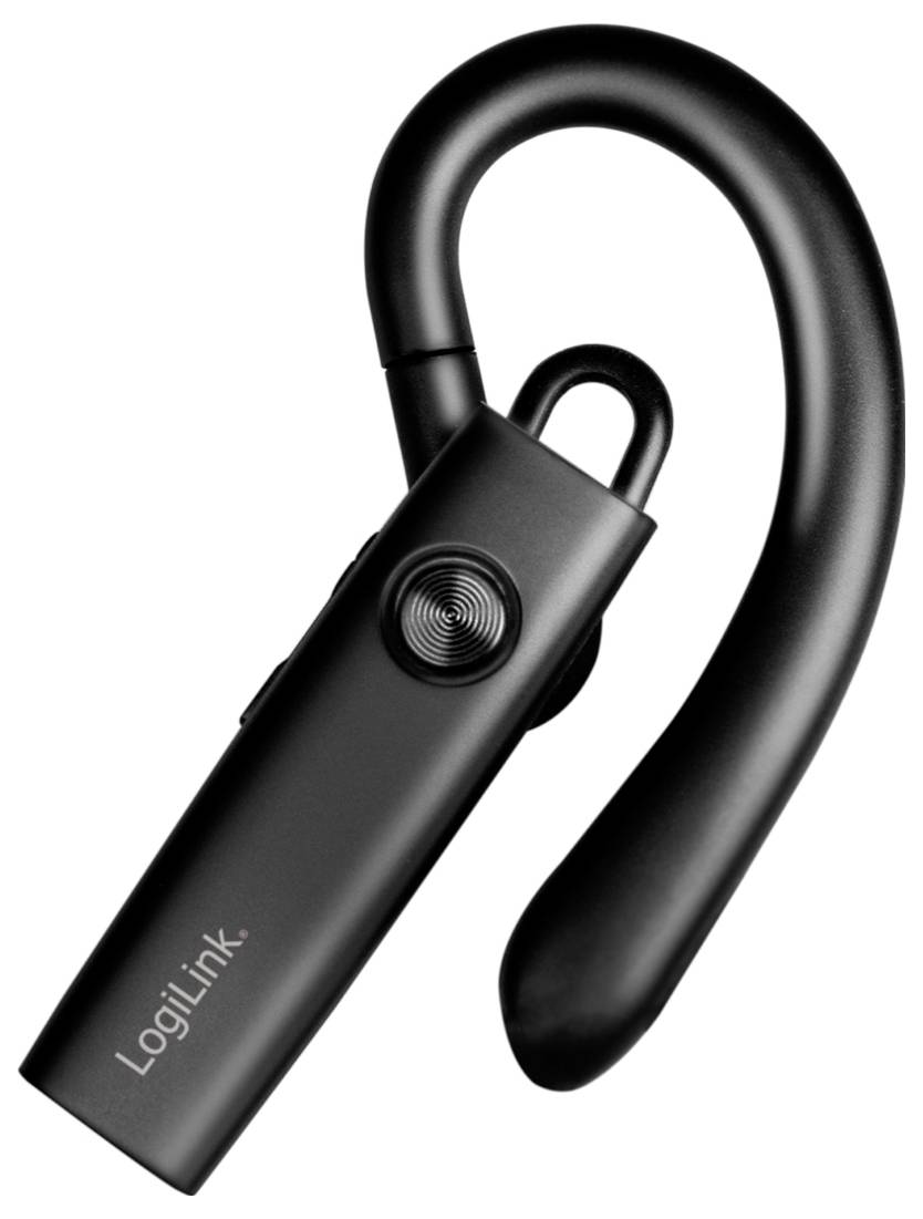 Casque Bluetooth LogiLink noir avec arceau auriculaire et bouton de contrôle intégré, présenté sur un fond blanc.