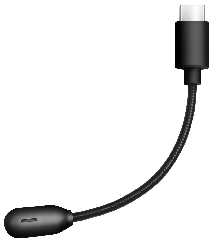 Câble USB-C noir avec un col de cygne flexible et une petite nacelle intégrée, présenté sur un fond blanc.