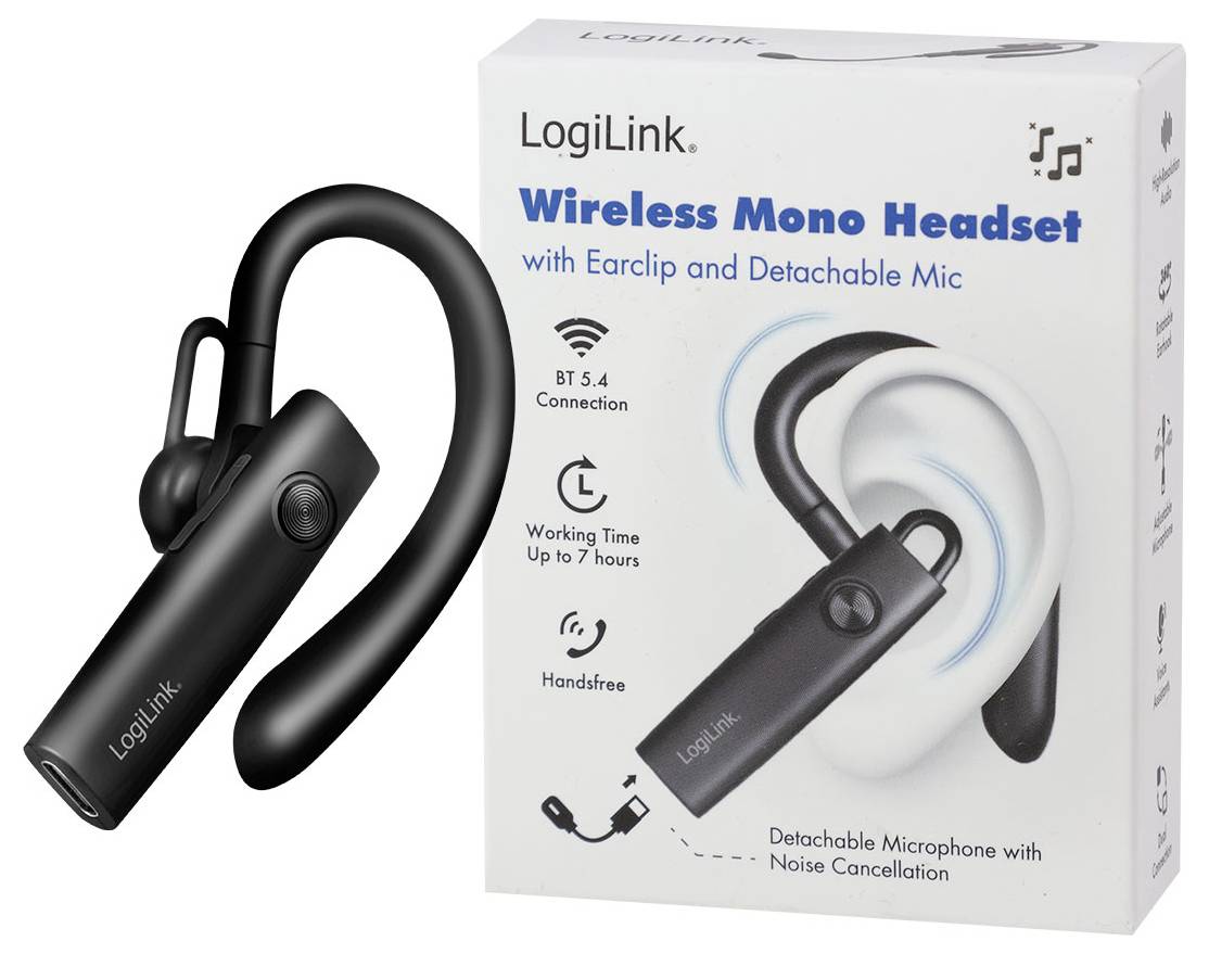 Casque sans fil mono LogiLink avec pince auriculaire et microphone détachable, présenté à côté de sa boîte de vente au détail indiquant Bluetooth 5.4, appels mains libres et jusqu'à 7 heures d'utilisation.