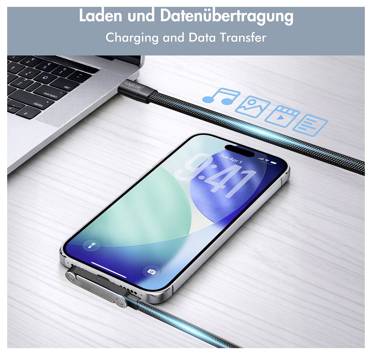 Téléphone intelligent connecté à un ordinateur portable par câble, affichant la charge et le transfert de données, avec des icônes pour la musique, les photos, la vidéo et les fichiers.