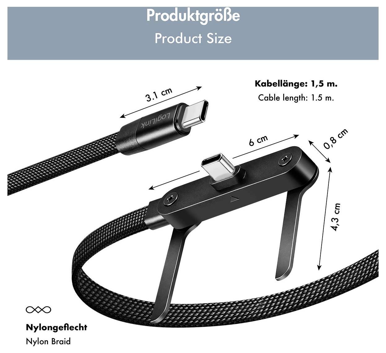 Diagramme des dimensions d'un câble USB-C avec pince/support intégré, montrant une longueur de câble de 1,5 m et des dimensions de 3,1 cm, 6 cm, 0,8 cm et 4,3 cm.