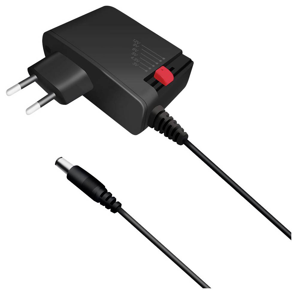 Adaptateur d'alimentation noir avec prise à deux broches, interrupteur curseur rouge et câble connecteur cylindrique CC attaché sur fond blanc.