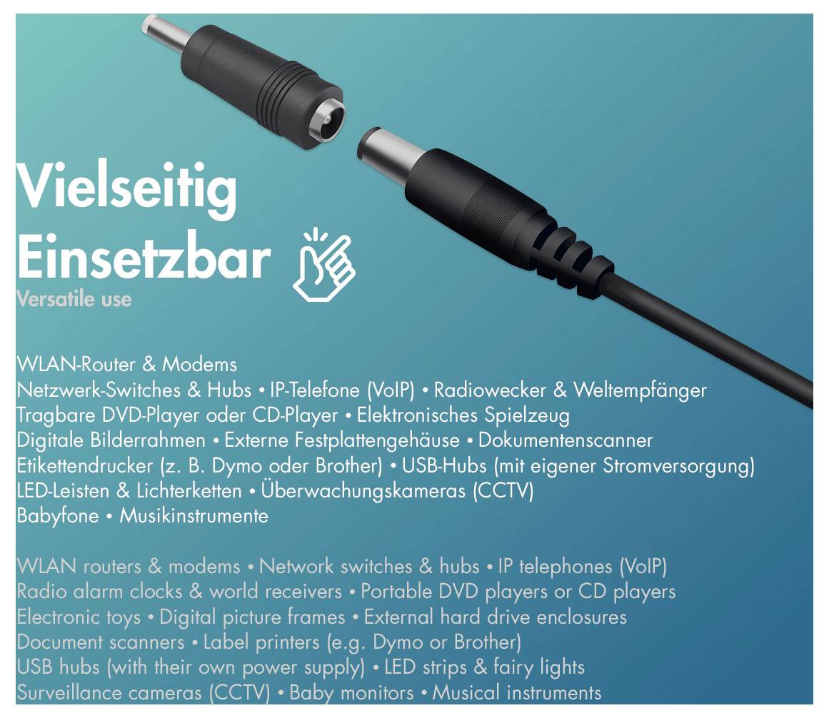Adaptateur de câble d'usage polyvalent, présentant deux connecteurs noirs sur un fond bleu-vert avec le texte « Utilisable de manière polyvalente » et une liste d'appareils compatibles en français et anglais.