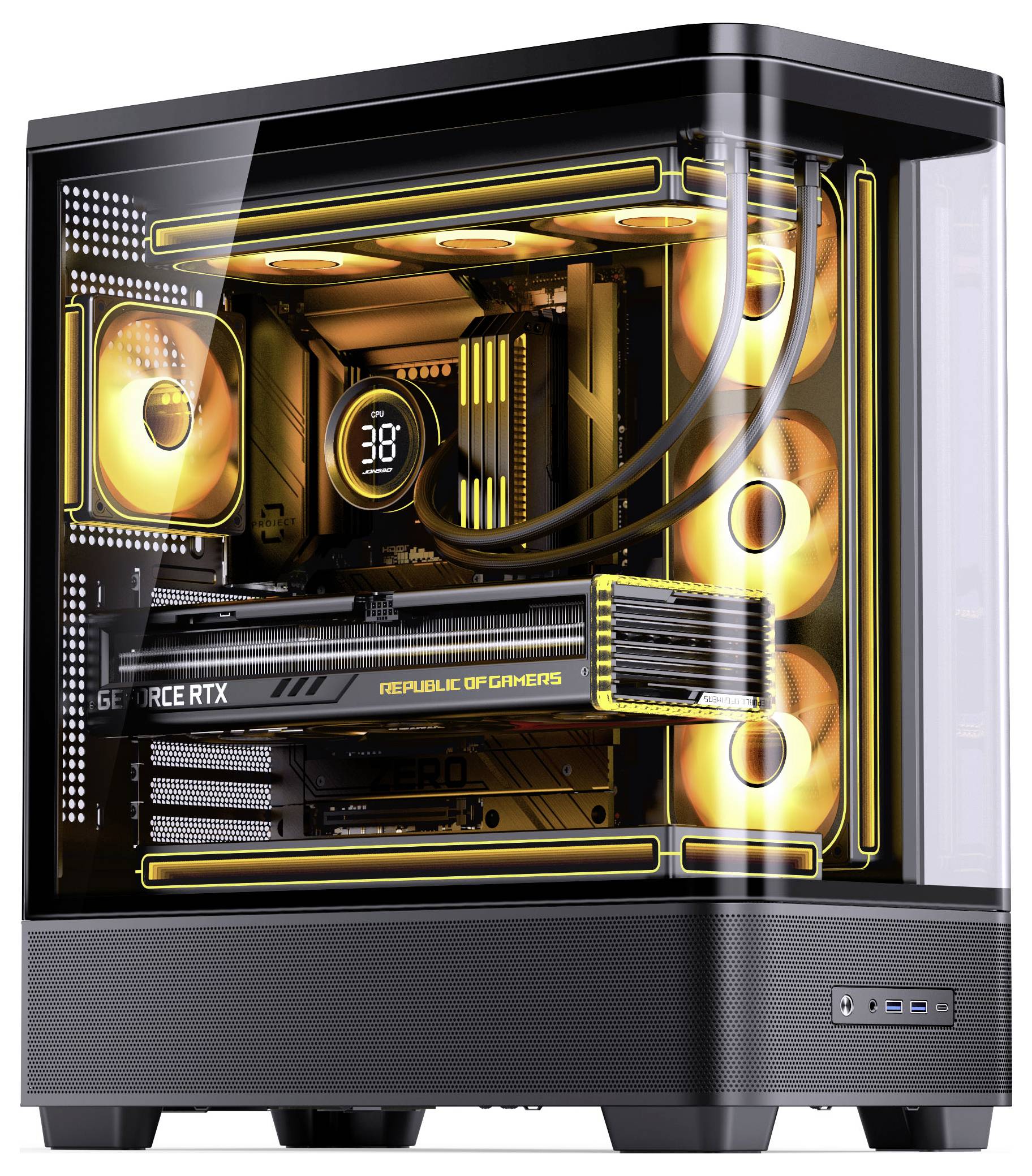 Ordinateur de bureau de jeu dans un boîtier en verre avec des ventilateurs éclairés en orange, refroidissement par liquide et une carte graphique 'GeForce RTX' à l'intérieur.