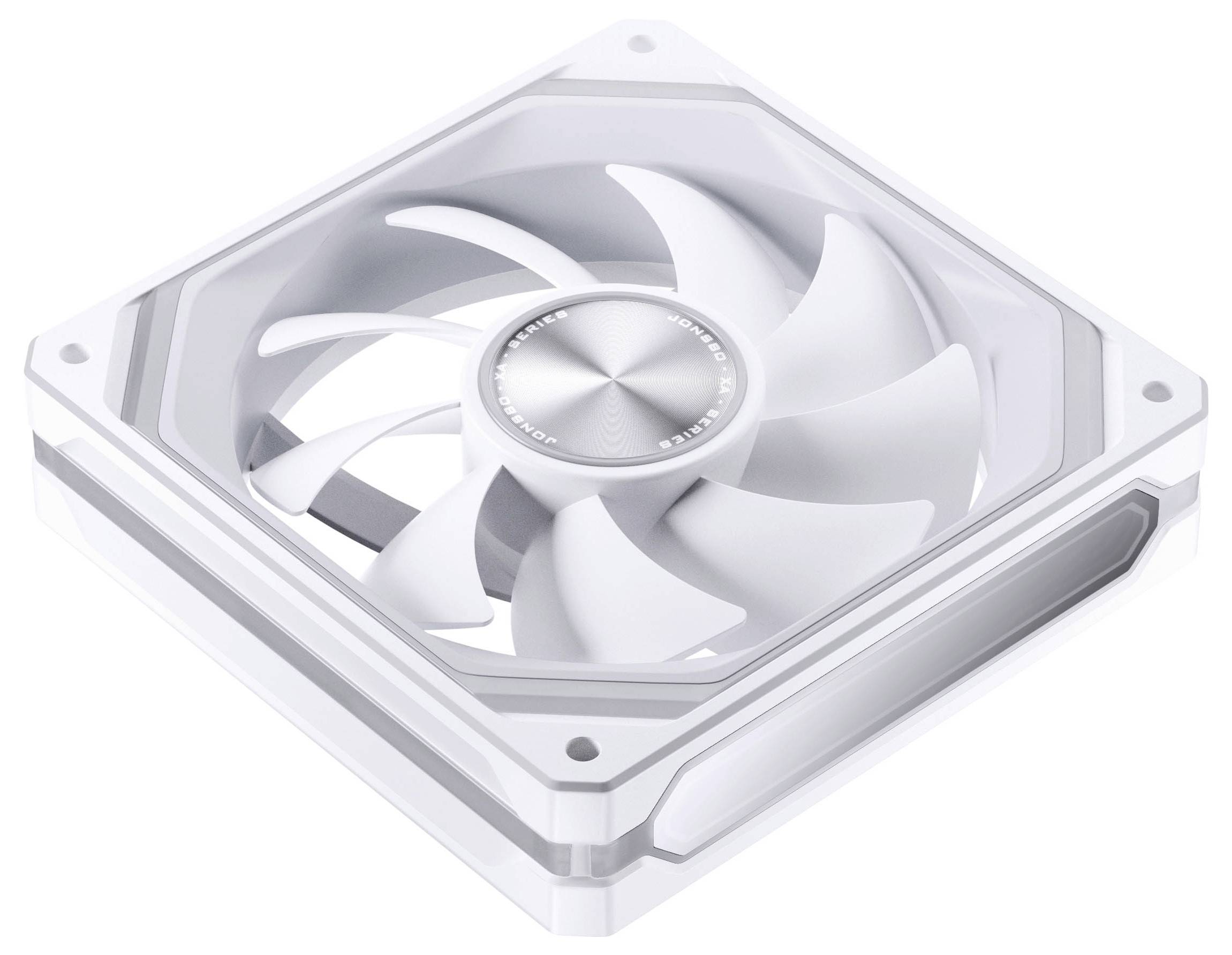 Un ventilateur de refroidissement informatique blanc de forme carrée avec plusieurs pales et un moyeu central, présenté sur un fond uni.