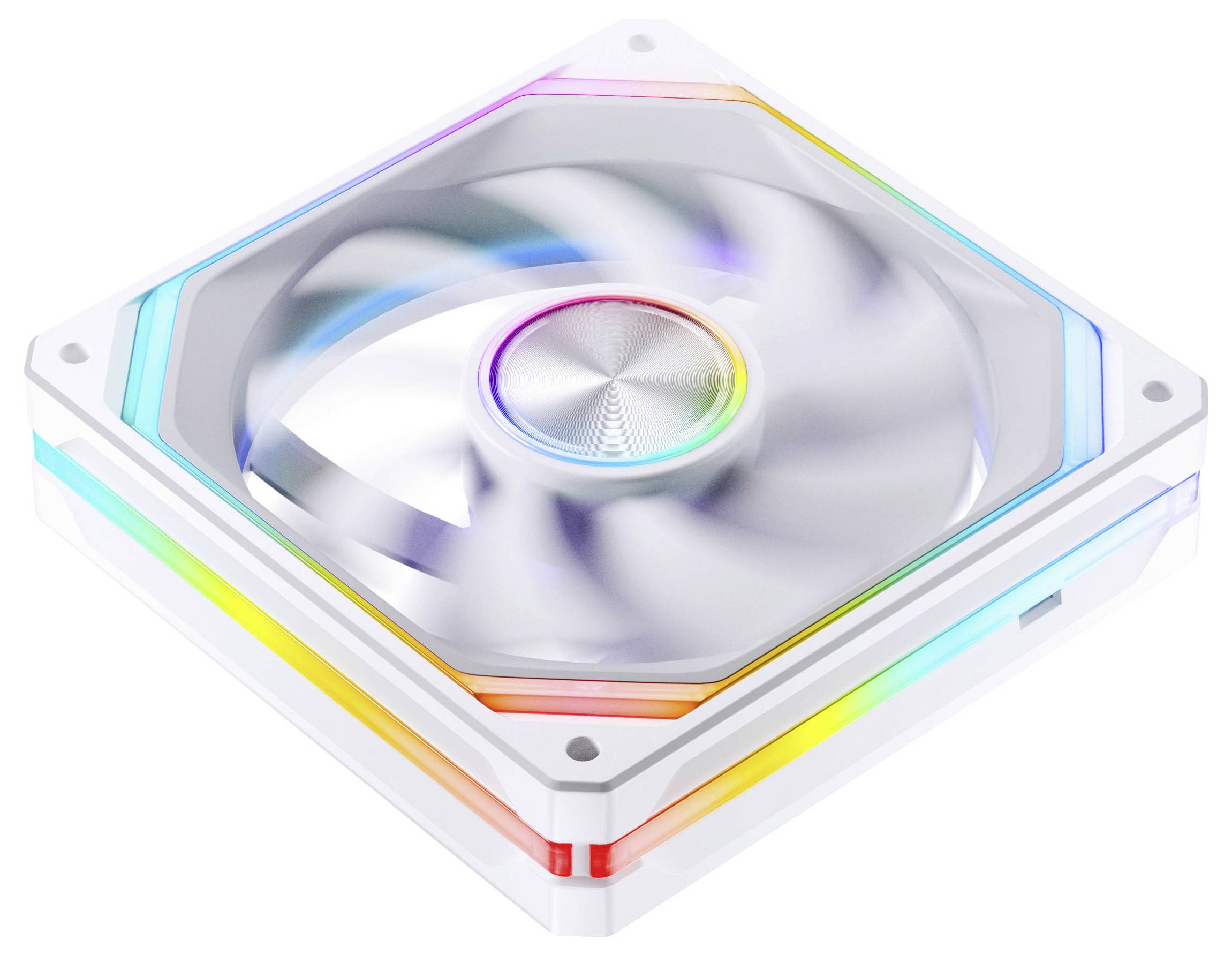 Un ventilateur de refroidissement informatique RGB carré avec un cadre blanc transparent et des pales rotatives, présenté sur un fond blanc.