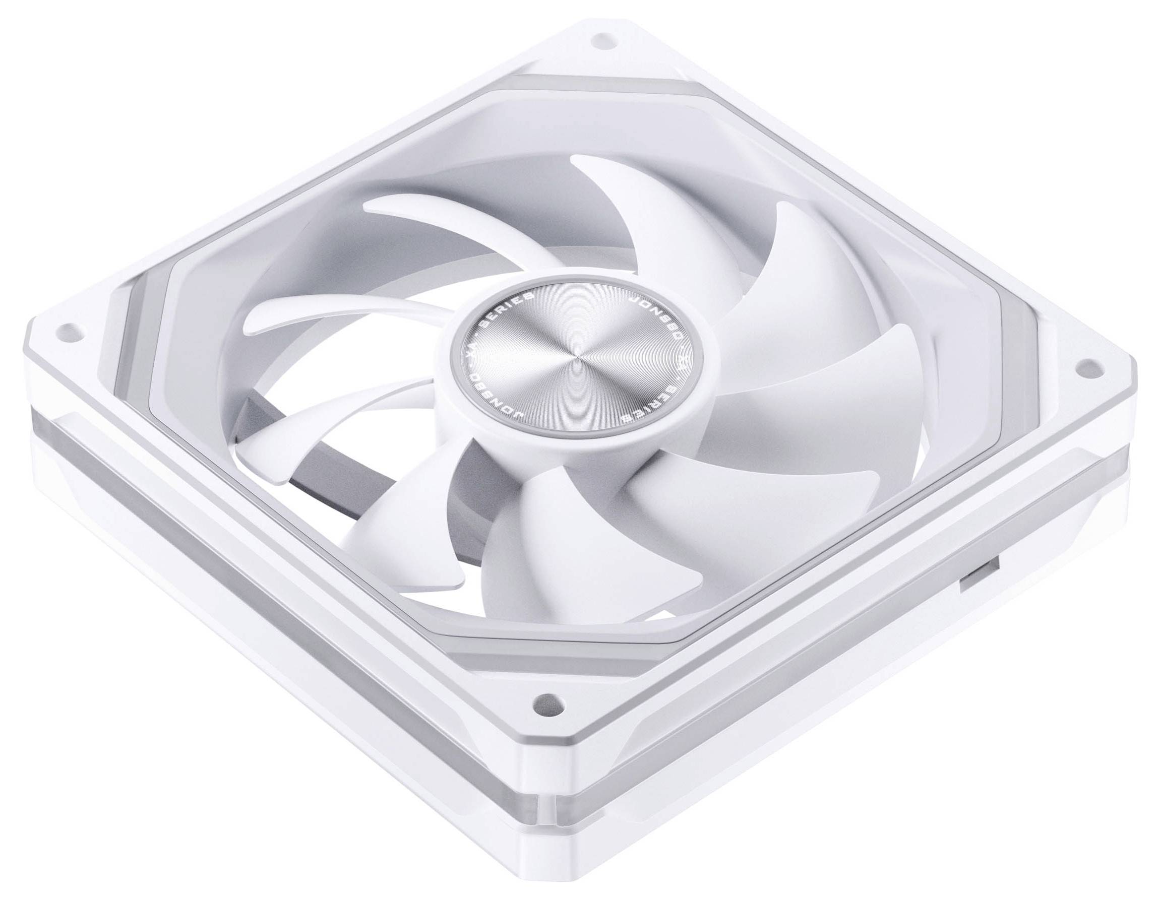 Ventilateur de refroidissement de boîtier informatique blanc avec neuf pales dans un cadre carré, présenté sur un fond blanc.