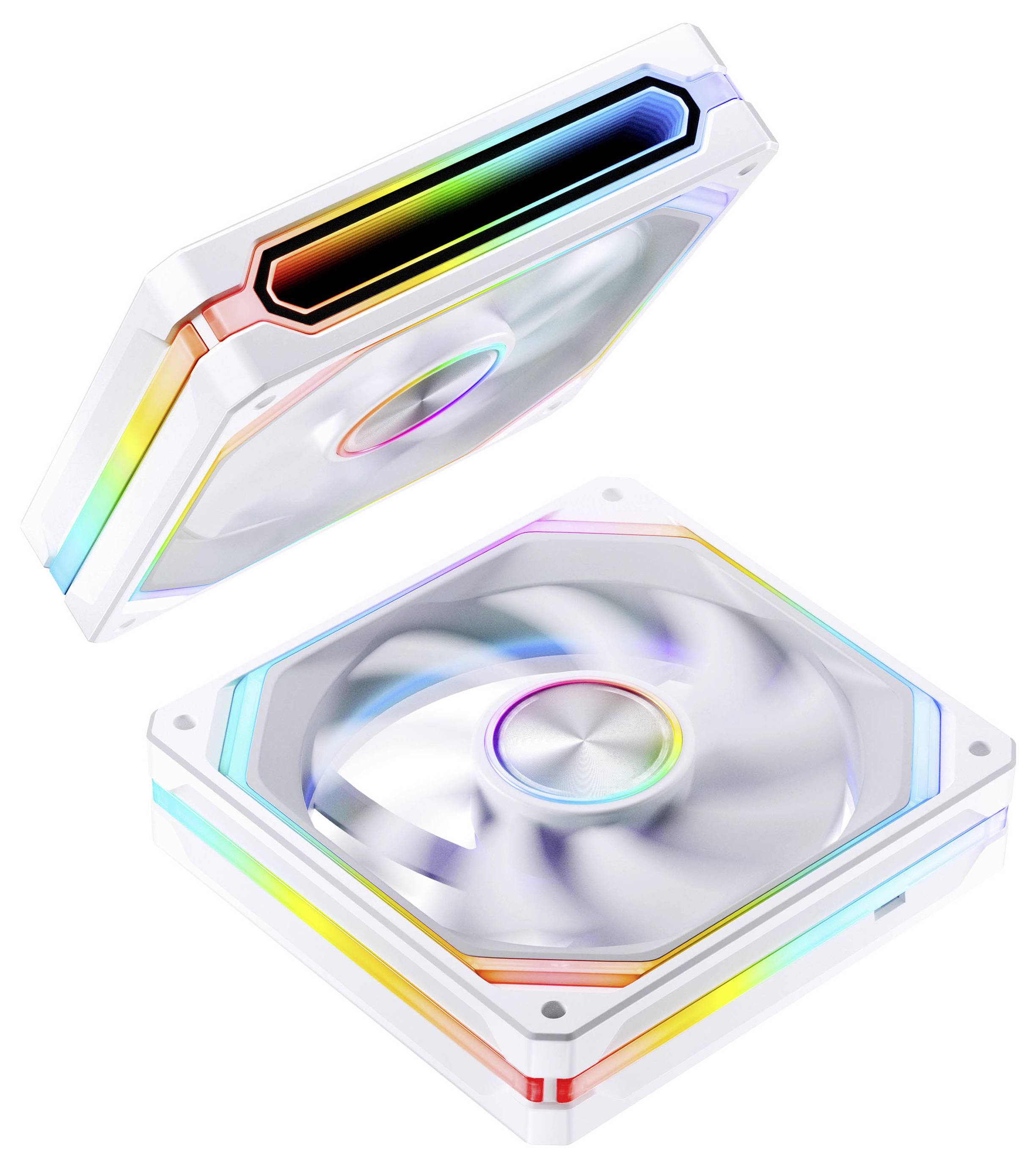 Deux ventilateurs de boîtier informatique carrés translucides avec des bords LED arc-en-ciel, l'un soulevé au-dessus de l'autre, montrant les pales rotatives et un moyeu central.