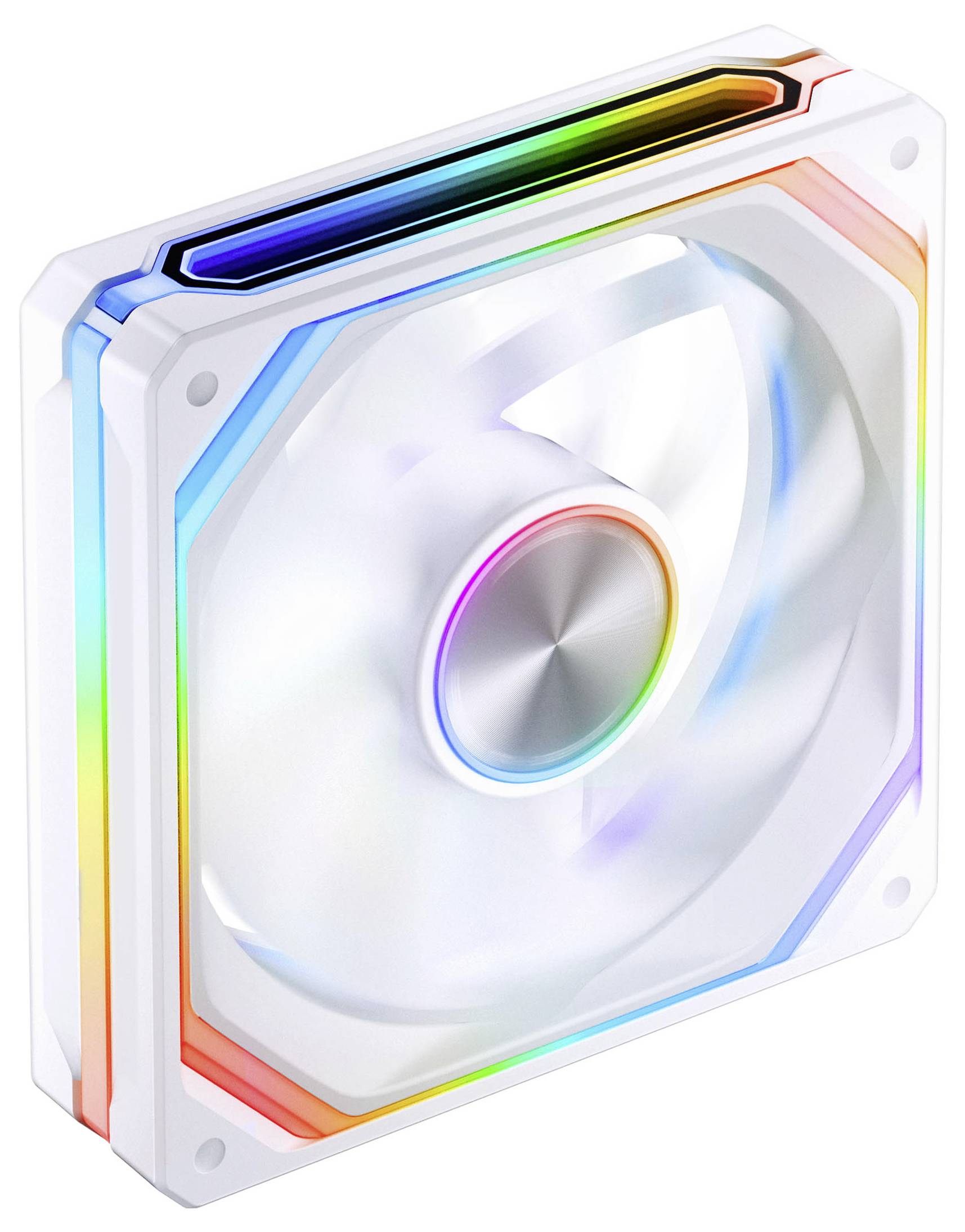 Ventilateur de boîtier informatique RGB blanc avec pales translucides et accents LED arc-en-ciel autour du cadre et du moyeu.