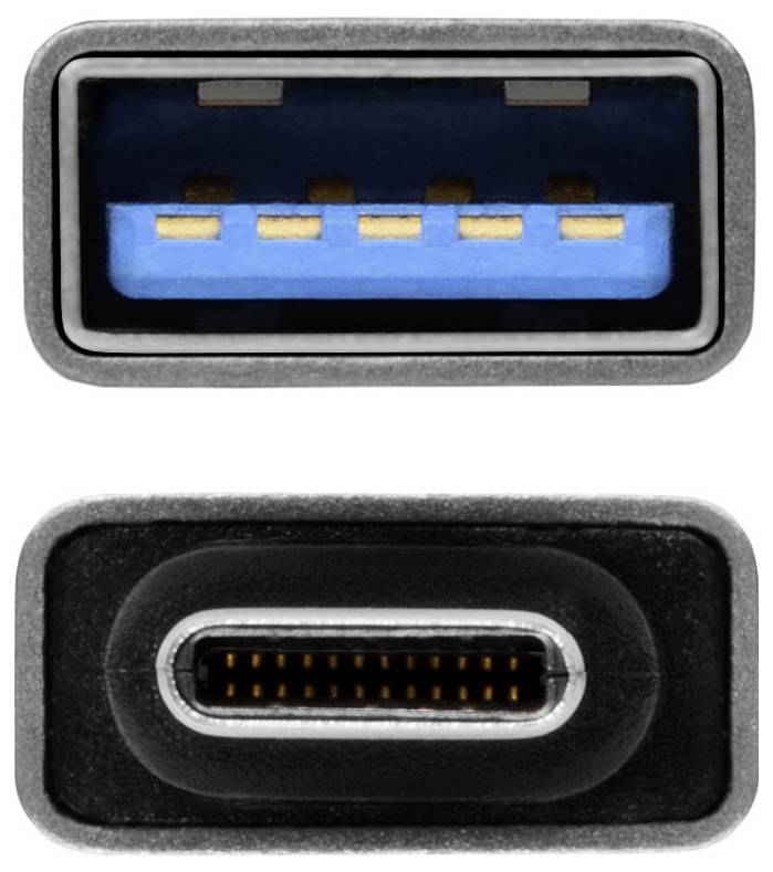 Comparaison rapprochée de deux ports USB : en haut un port femelle USB-A avec insert bleu, en bas un port USB-C, tous deux présentés de face.