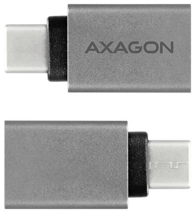 Deux vues d'un adaptateur USB-C AXAGON argenté, montrant le connecteur sur chaque extrémité.