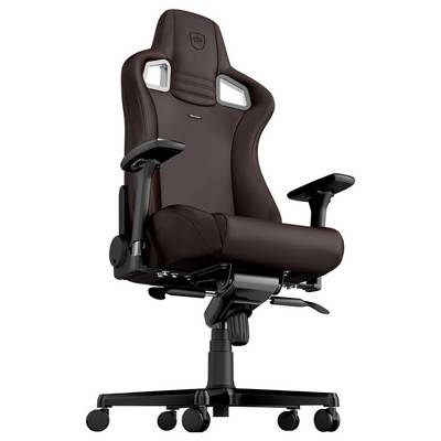 Chaise de bureau pivotante ergonomique marron avec dossier haut, appuie-tête, accoudoirs et cinq roulettes sur un fond blanc.