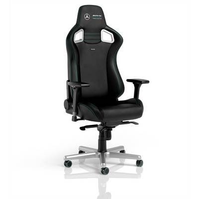 Chaise de jeu Mercedes-AMG Petronas noire et bleu-vert avec accoudoirs ajustables et base à cinq roues sur fond blanc.