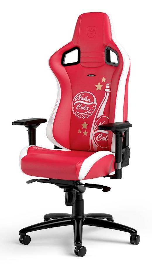 Chaise de bureau pivotante de style course rouge avec accoudoirs noirs et base noire, présentant l'image de marque « Nuka Cola » et des graphiques d'étoiles sur un fond blanc.