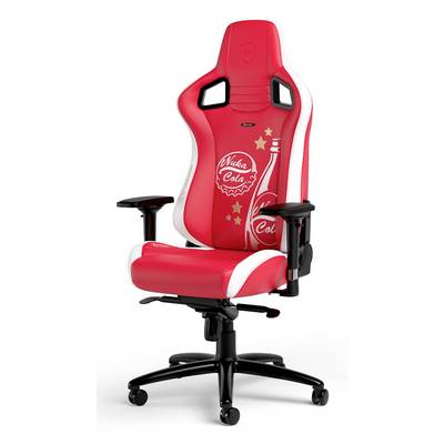 Chaise de bureau pivotante de style course rouge avec accoudoirs noirs et base noire, présentant l'image de marque « Nuka Cola » et des graphiques d'étoiles sur un fond blanc.