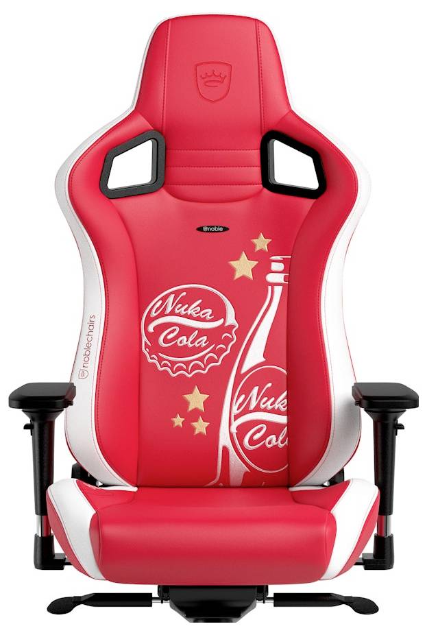 Chaise de jeu rouge et blanche avec marquage Nuka-Cola et étoiles, dotée d'accoudoirs noirs et de supports latéraux sur fond blanc.