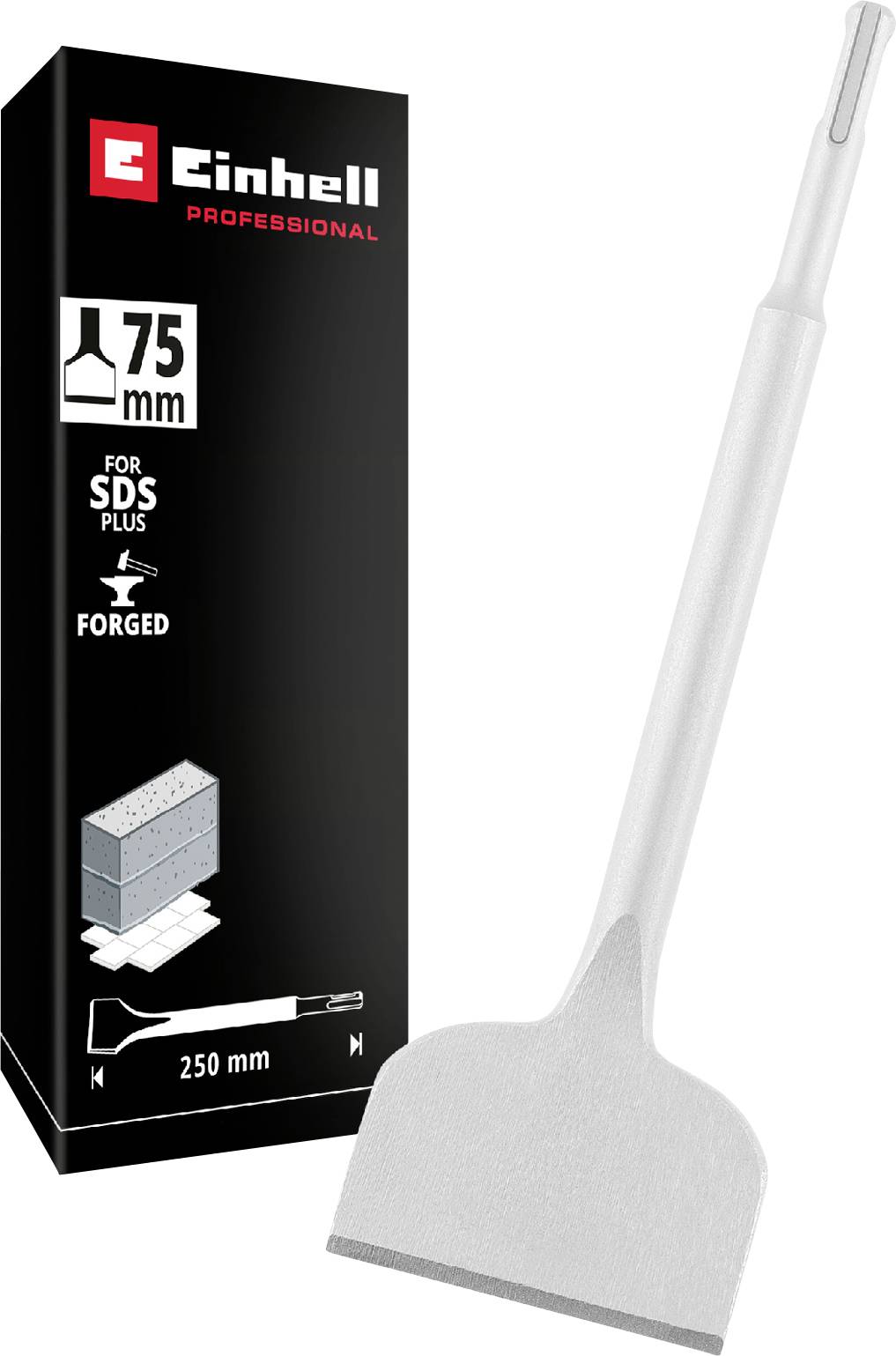 Ciseau plat Einhell Professional SDS Plus, de 75 mm de largeur et 250 mm de longueur, présenté à côté de sa boîte de produit.