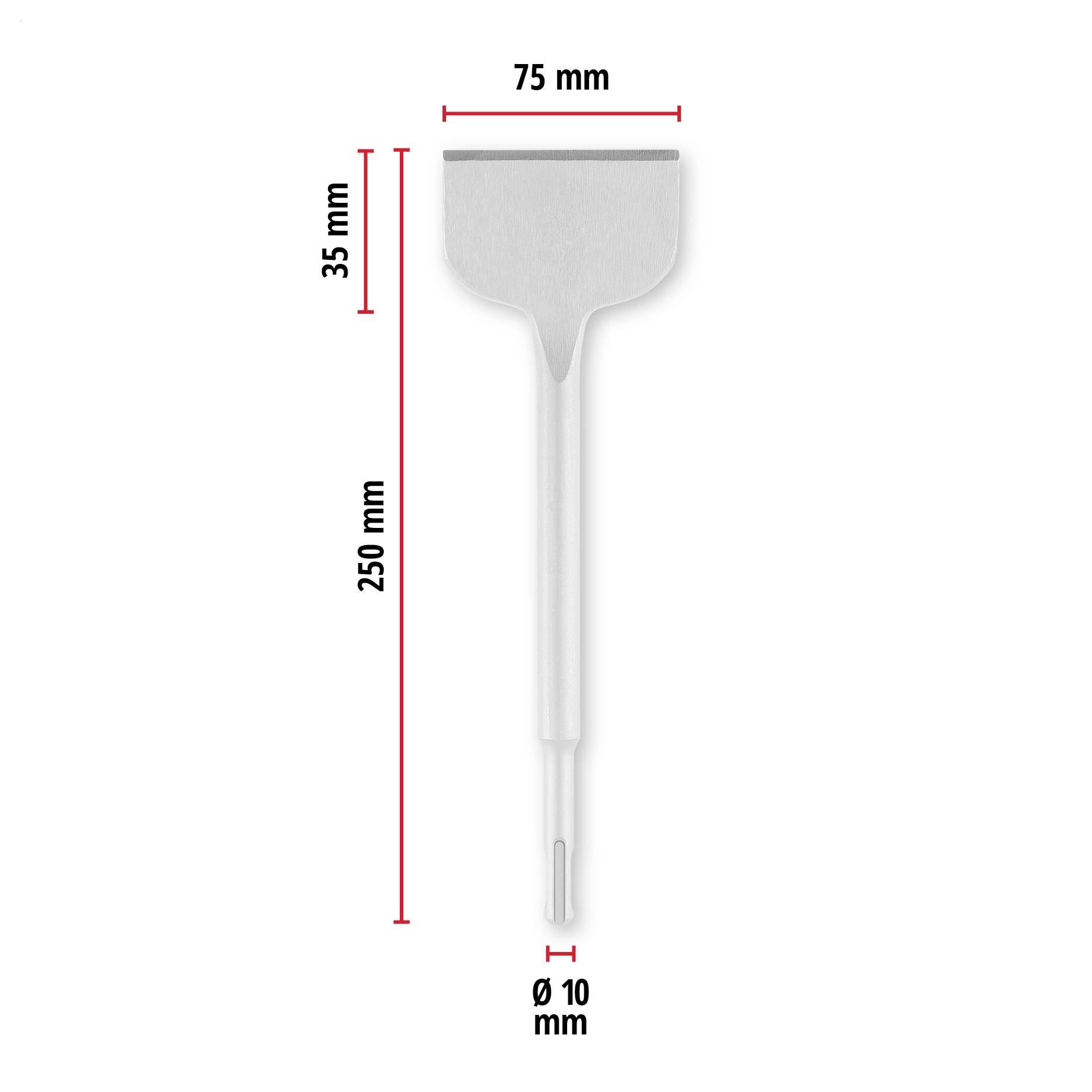 Schéma d'un outil blanc ressemblant à une raclette avec des dimensions étiquetées : 75 mm de large, 250 mm de long, 35 mm de hauteur de tête, et 10 mm de largeur de manche.