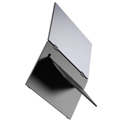 Un ordinateur portable pliable argenté et noir ouvert montré sous un angle, avec l'écran soulevé au-dessus du clavier de base.