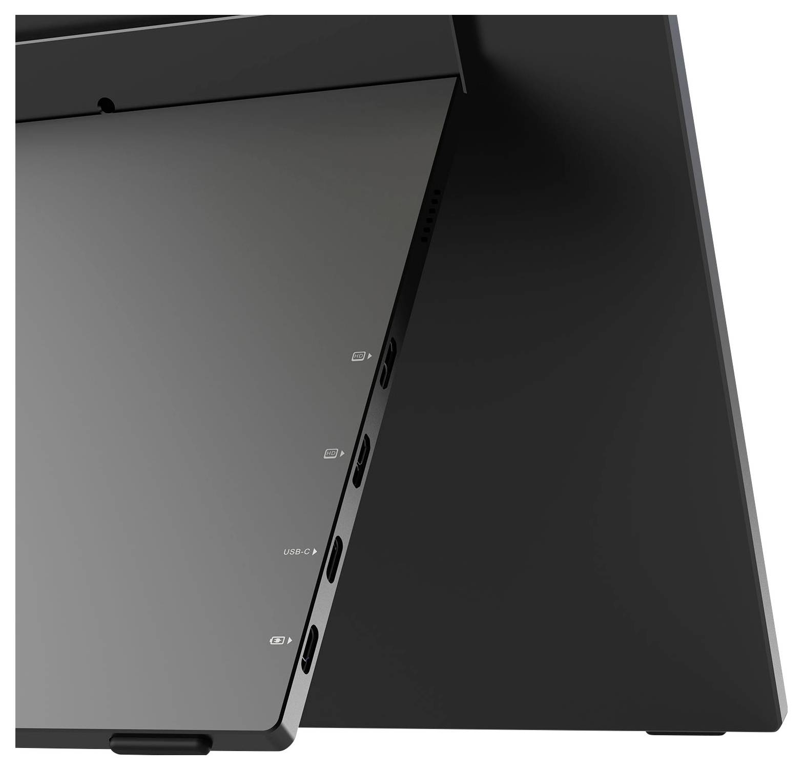 Vue arrière d'un ordinateur portable ou d'une tablette noire présentant un support articulé et des ports latéraux, incluant des indicateurs USB-C et prise audio.